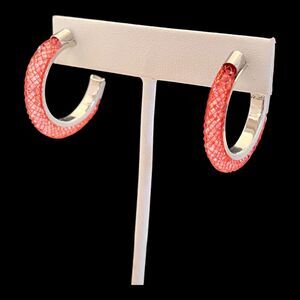 New Hoop Earrings Silver Tone Red Mesh Crystal Dust - 13H
